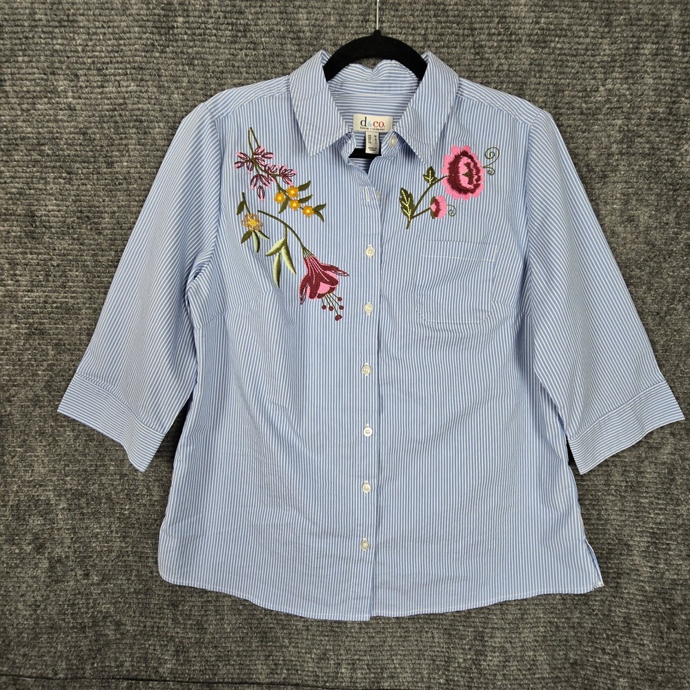 Denim & Co Blue White Striped Floral Embroidered Button Down Shirt med A30465455
